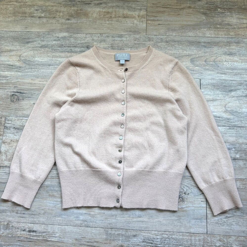 PURE Collection Cashmere Crew Neck Cardigan Beige Tan Size 6 Small